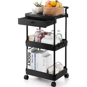3-Tier Rolling Utility Cart with Drawer Multi-function Storage Trolley Kitchen Cart w/Handle and Lockable Wheels, Black