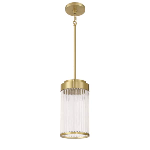 Connell 60 Watt 1 Light Satin Brass Finish Drum Pendant Light with Clear Ribbed Glass Shade & No Bulbs Included