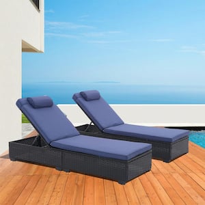 2-Piece Black Wicker Outdoor Chaise Lounge with Adjustable Backrest and Blue Cushions
