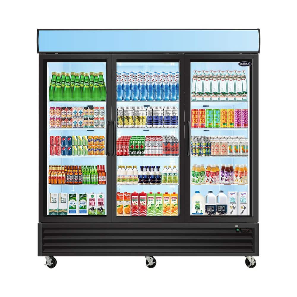 80 in. 70 Cu. Ft Glass Door Merchandiser Refrigerator with Swing Door and LED Top Panel in Stainless Steel Silver