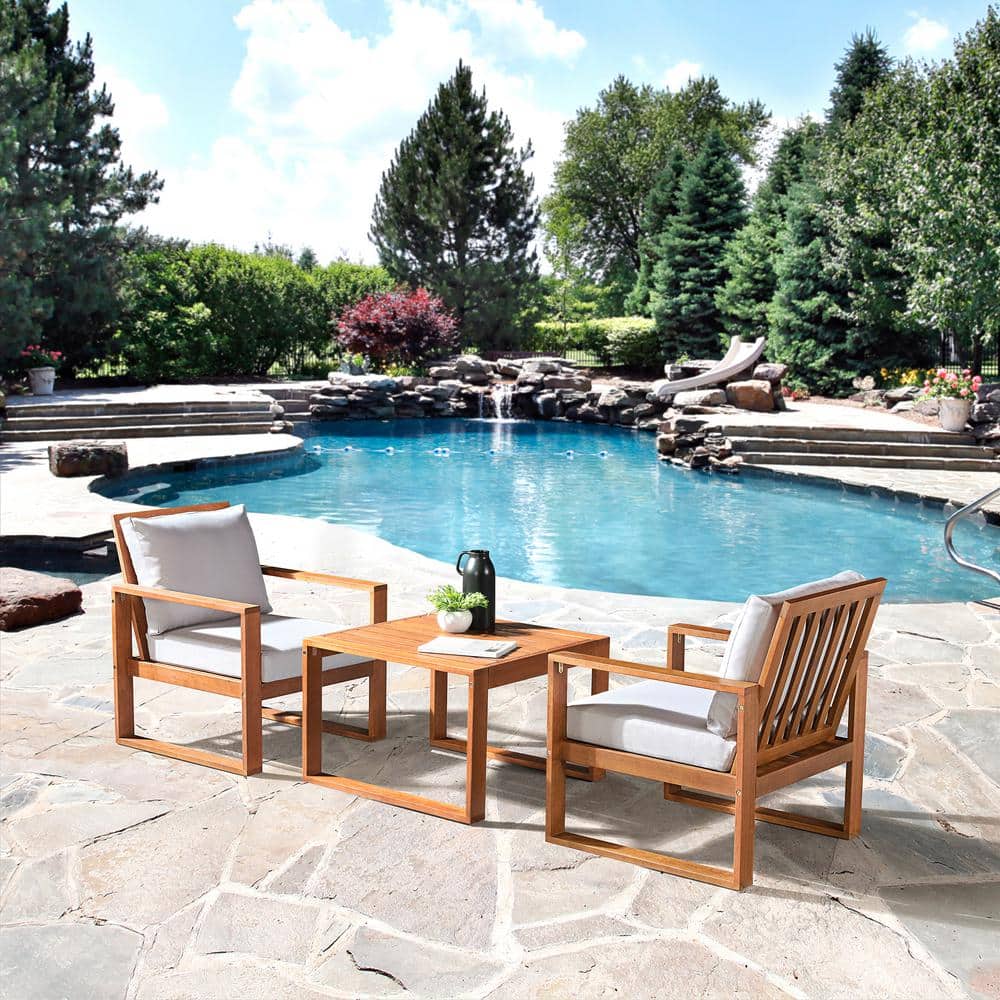 Weston 3-Piece Eucalyptus Wood Outdoor Set with Gray Cushions