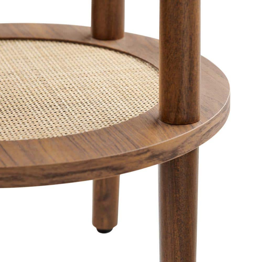 Walnut Round Wood Side Table with Rattan Shelf