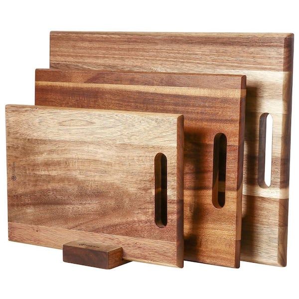 3-Piece Natural Acacia Wood Cutting Board Set Kitchen Thick Wooden Chopping Boards with Handles Reversible Design