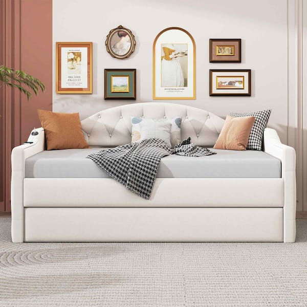 Beige Twin Size Daybed with Trundle, USB&Type-C Charging Ports