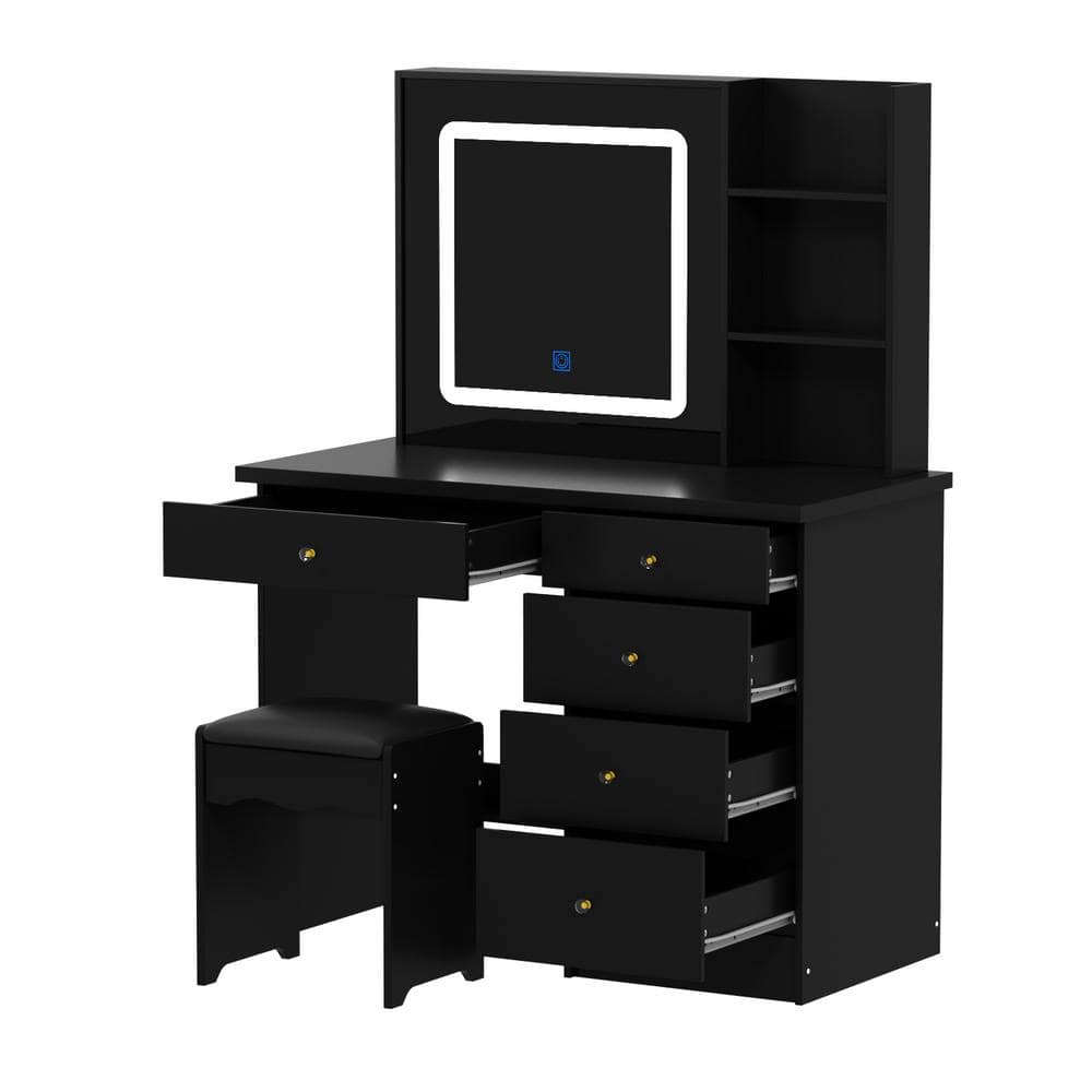 FUFU&GAGA Black 5-Drawers 39.4 in. W Dresser Dressing Table with LED Dimmable Mirror, Stool and Storage Shelves