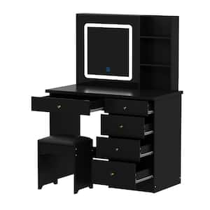 Black 5-Drawers 39.4 in. W Dresser Dressing Table with LED Dimmable Mirror, Stool and Storage Shelves