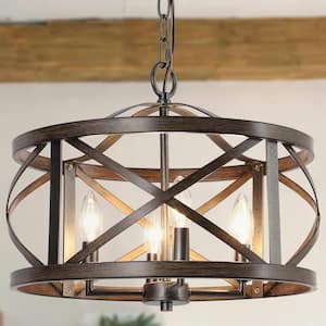 4-Light Rust Black Drum Cage Candlestick Island Chandelier with Faux Wood Accents