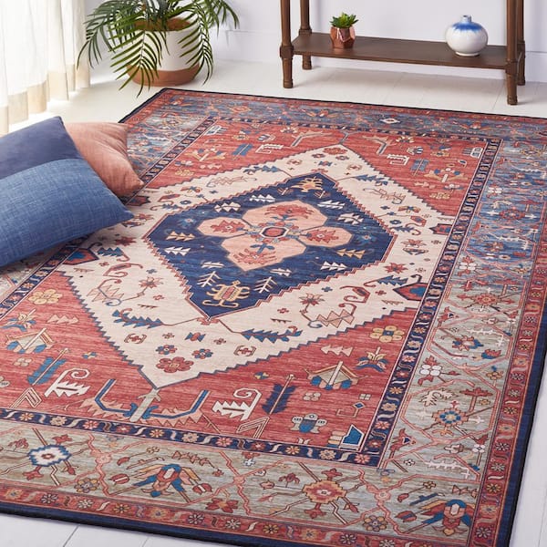 Tucson Rust/Blue 8 ft. x 10 ft. Machine Washable Floral Border Area Rug