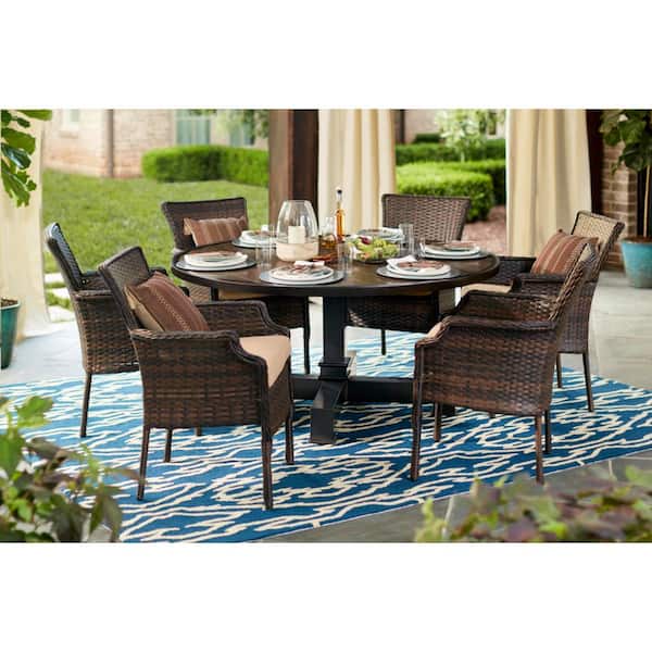 Hampton Bay Grayson Brown 7 Piece Wicker Round Outdoor Dining Set with Performance Acrylics Beige Cushions D19004SET BEIGE