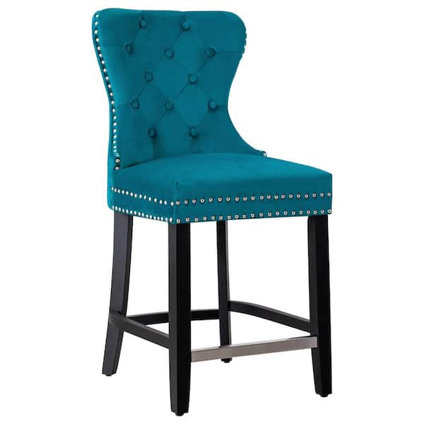 WESTINFURNITURE Harper 24 in. High Back Nail Head Trim Button Tufted Teal Velvet Counter Stool with Solid Wood Frame in Black