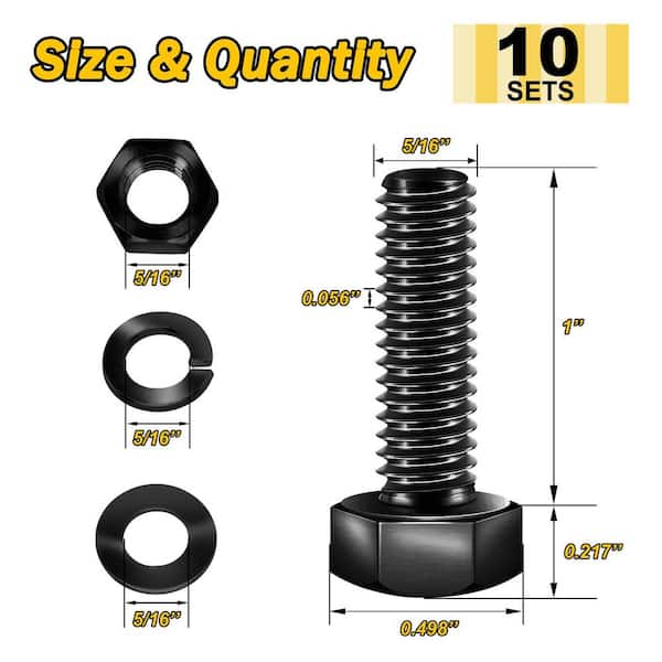 5/16 in. 18 x 1 in. Black Oxide Stainless Steel Hex Bolt with Nut, Washer and Lock Washer (10-Pack)
