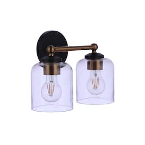 Coppa 11.5 in. 2-Light Flat Black/Satin Brass Finish Vanity Light with Clear Glass Shade