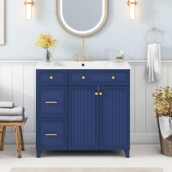 Virubi 36 in. W x 18 in. D x 34 in. H Single Sink Bath Vanity in Navy Blue with White Resin Top, 2-Drawers, Adjustable Shelf ZXW029AAC Virubi 36 in. W x 18 in. D x 34 in. H Single Sink Bath Vanity in Navy Blue with White Resin Top, 2-Drawers, Adjustable Shelf ZXW029AAC