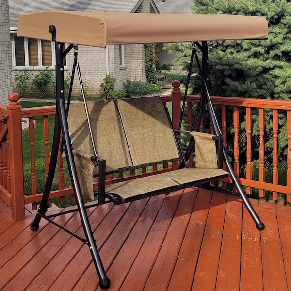 2-Person Deluxe Outdoor Patio Porch Swing with Weather Resistant Steel Frame, Adjustable Tilt Canopy, Beige