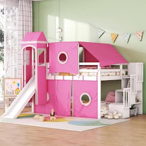 Pink Full Size Wood Loft Bed with Tent, Tower, Slide and Storage Staircase