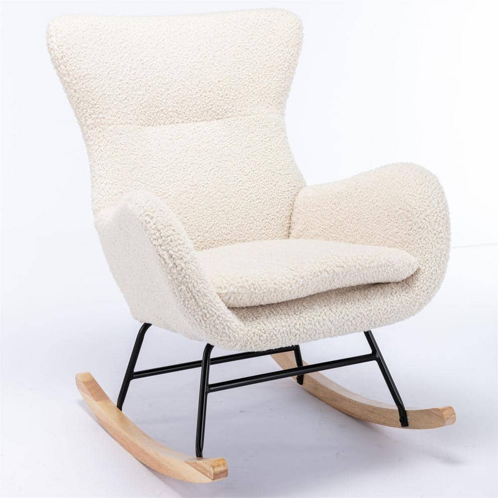 JASMODER Off White Faux Fur Rocking Chair with Removable Cushions