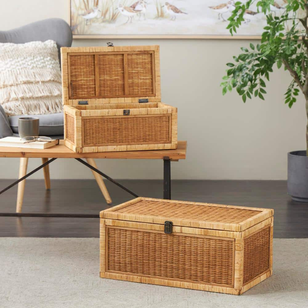 Litton Lane Rectangle Rattan Handmade Woven Storage Box with Wrapped in Light Brown Edges (Set of 2)