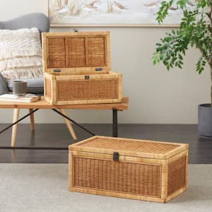 Rectangle Rattan Handmade Woven Storage Box with Wrapped in Light Brown Edges (Set of 2)