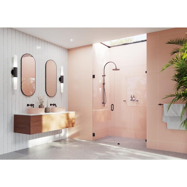 Glass Warehouse Illume 64.5 in. W x 78 in. H Wall Hinged Frameless Shower Door in Oil Rubbed Bronze Finish with Clear Glass