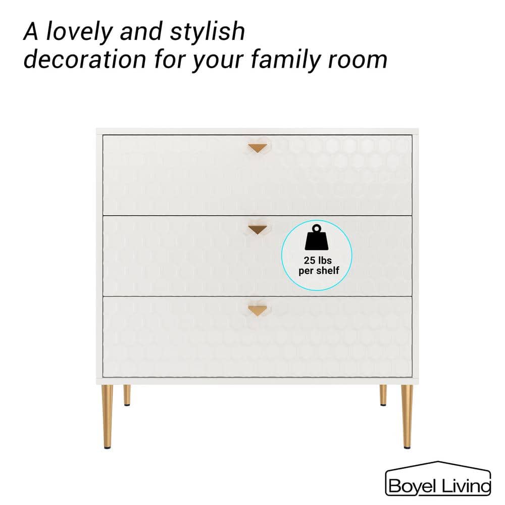 White Honeycomb Pattern 3-Drawer Mid-Century Modern Accent Cabinet