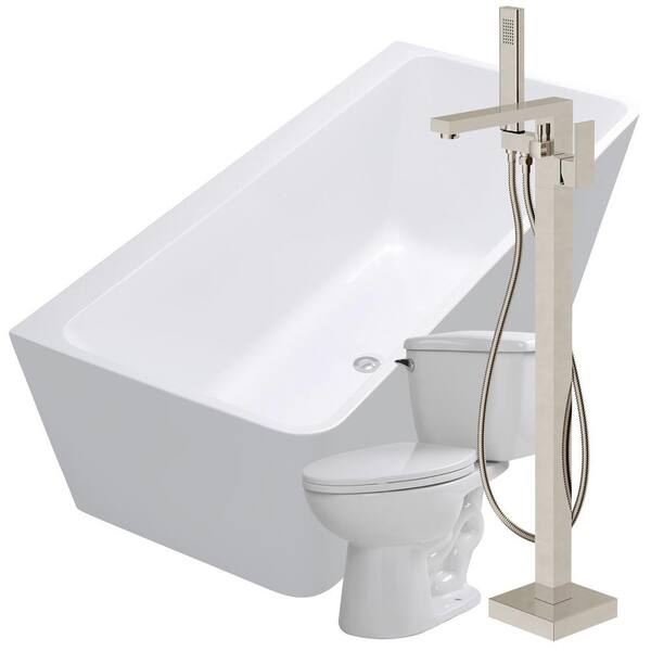 ANZZI Strait 67 in. Acrylic Flatbottom Non-Whirlpool Bathtub in White with Dawn Faucet and Kame 1.28 GPF Toilet