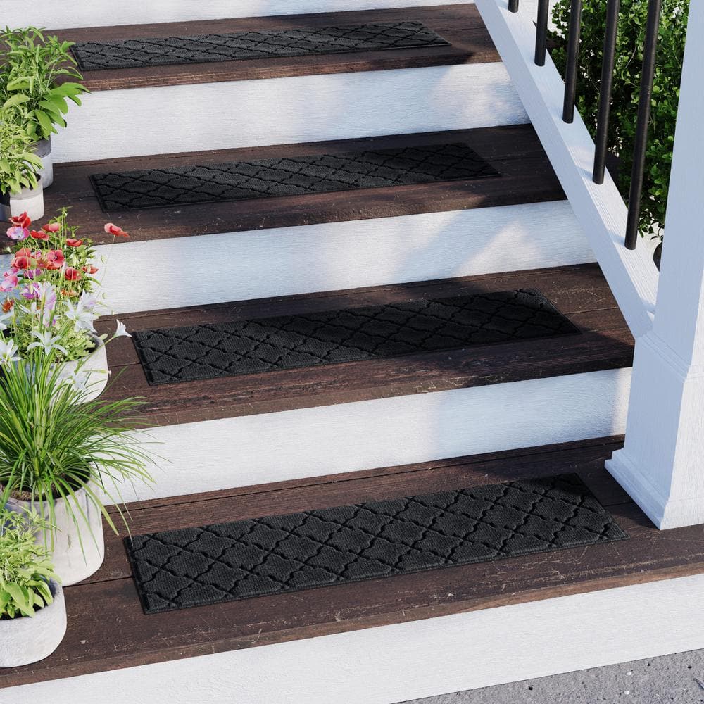 Charcoal Geometric Rubber Backed Indoor Outdoor Stair Treads