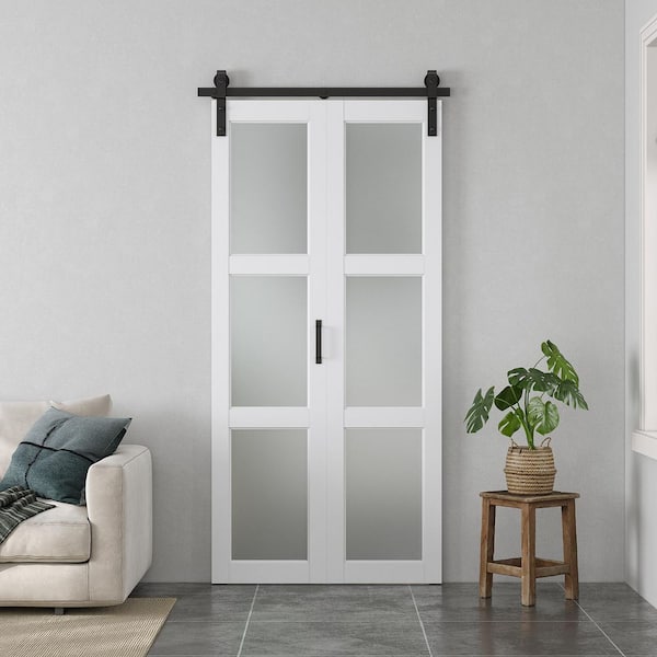 SOCBAZZAR 32 in. x 84 in. 3 Lite Frosted Glass White Finished MDF