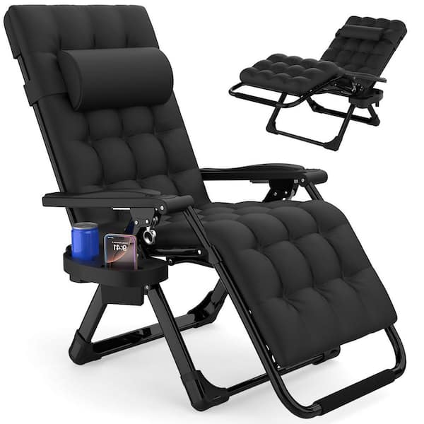 Reclining Patio Lounger Chair Steel Wide Zero Gravity Chair with Cup Holder&Headrest&Removable Black Mattress