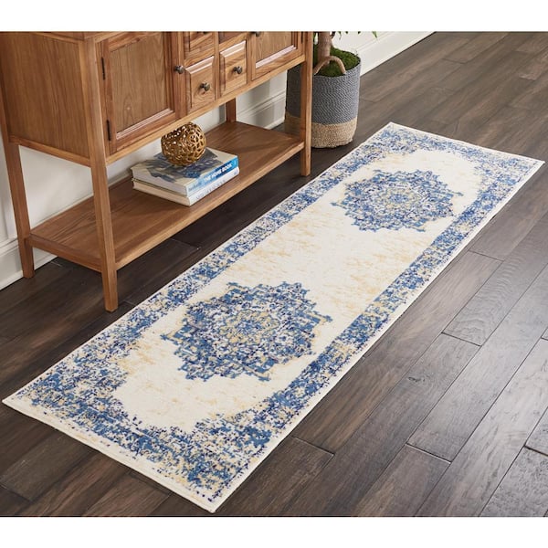 Grafix White 2 ft. x 8 ft. Persian Medallion Transitional Kitchen Runner Area Rug