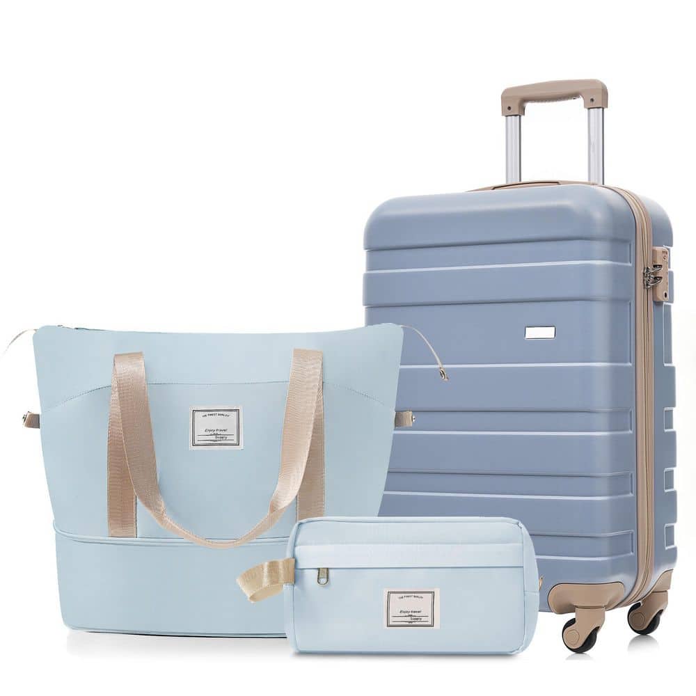 3-Piece Blue ABS Plastic Hardshell Spinner 20 in. Luggage Set with Travel Duffel Bag, Toiletry Bag, TSA Lock