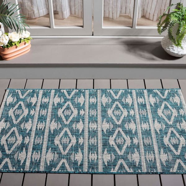Courtyard Teal/Gray 2 ft. x 4 ft. Geometric Striped Diamond Indoor/Outdoor Area Rug