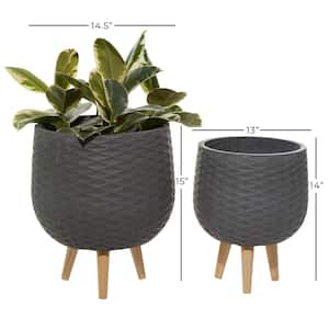 14 in. and 15 in.Modern Grey Fiber Clay and Wood Planter (Set of 2)