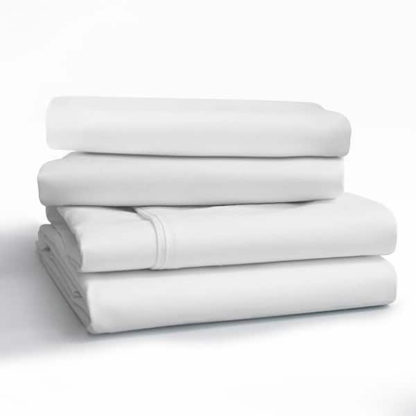 Fab Glass and Mirror Silkmax 4-Piece White Staple Combed 300 TC 100% Cotton Queen Bed Sheet Set Fits Mattress upto 16 in. Deep Pocket