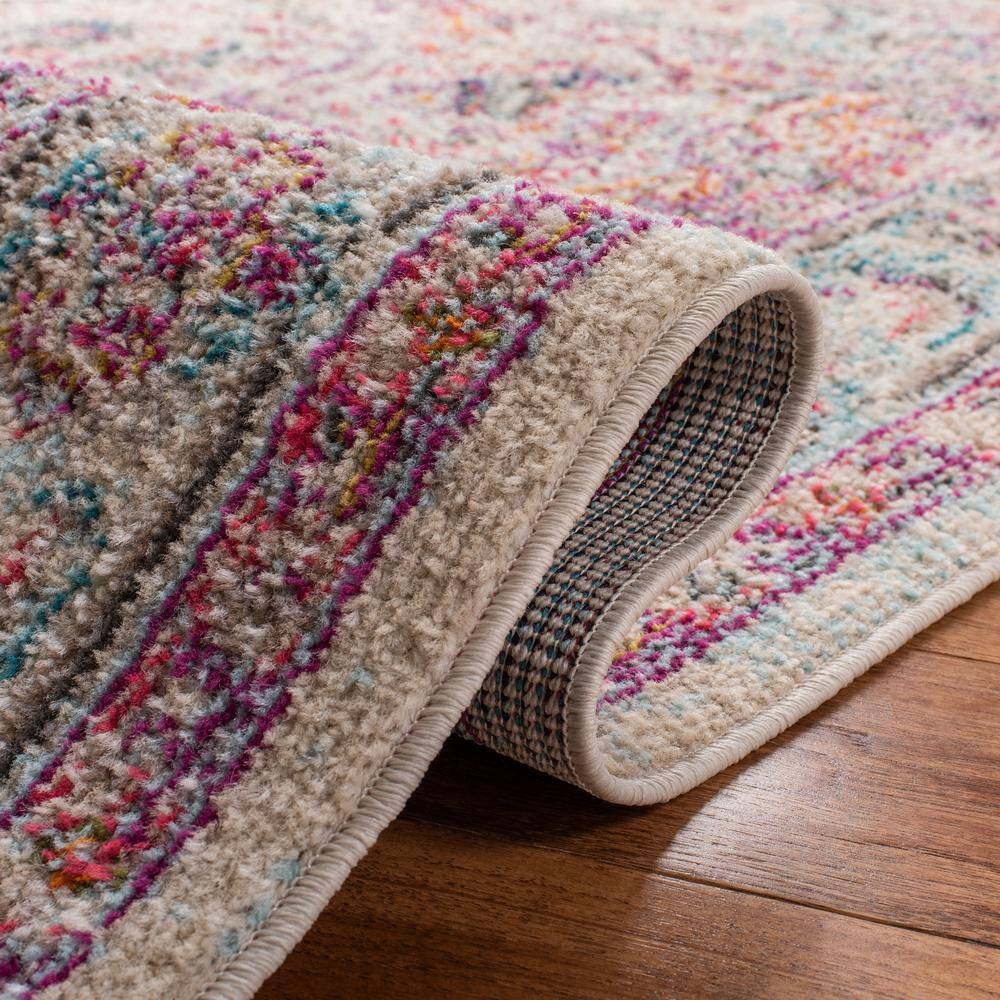 Beige and Fuchsia Geometric Rectangular Area Rug