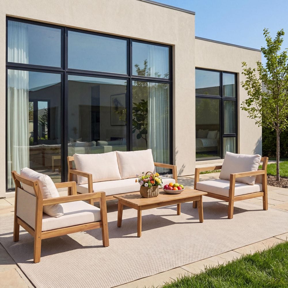 Isla Light Teak Finish 4-Piece Solid Wood Outdoor Patio Conversation Set with Beige Cushions and Fabric Backrest price history on PriceWatchPro