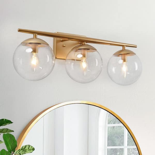 HUOKU Ceder 3-Light 22 in. W Gold Mid-Century Vanity Light with Clear Glass Globe Shade for Bathroom or Vanity