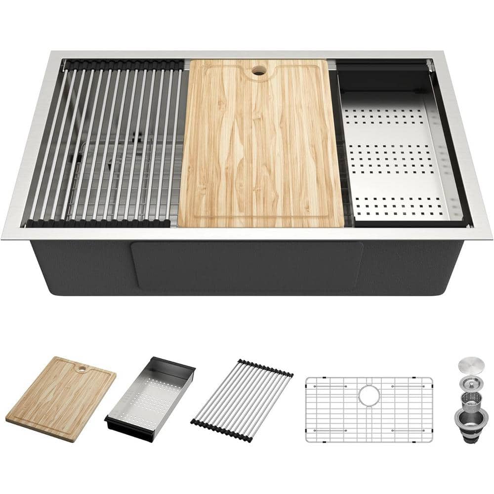 33 in. Undermount Single Bowl 16G Stainless Steel Kitchen Bar Sink with Wor