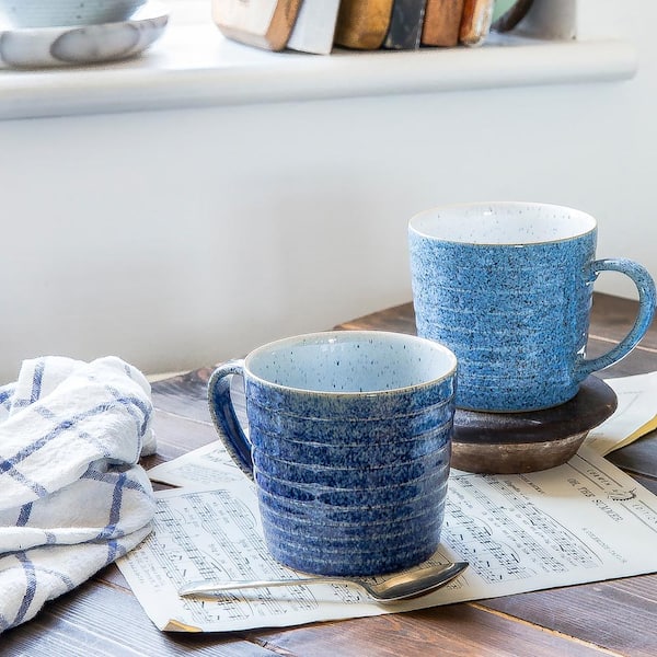 Set of 2 blue high quality and white glazed pottery mugs