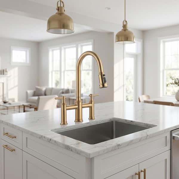 Double Handle Bridge Kitchen Faucet with 3-Mode Pull-Down Spray Head in Gold