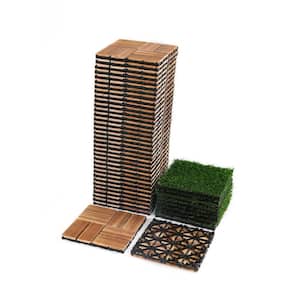 12 in. L x 12 in. W Outdoor Checker Pattern Waterproof Deck Tile in Wood (Pack of 44 Tiles), Includes 8 Simulated Lawns
