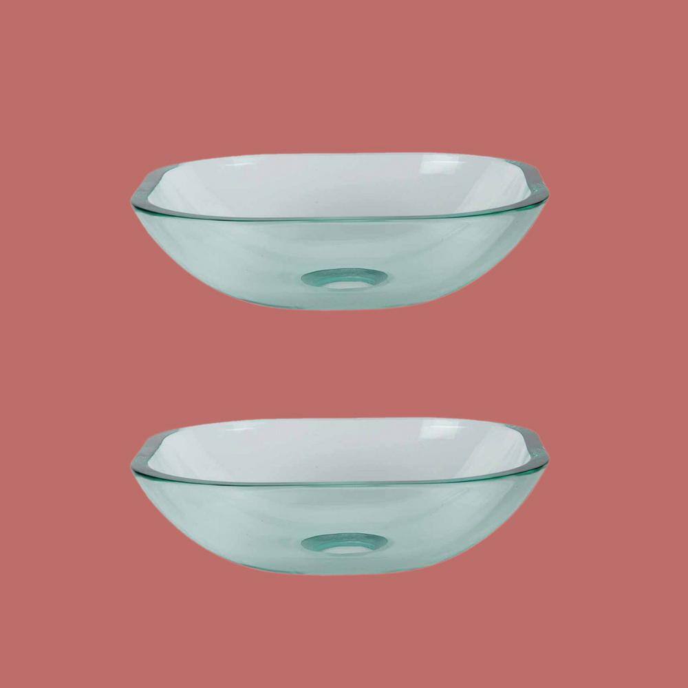 Clear Tempered Glass Square Vessel Sink Set with Drain