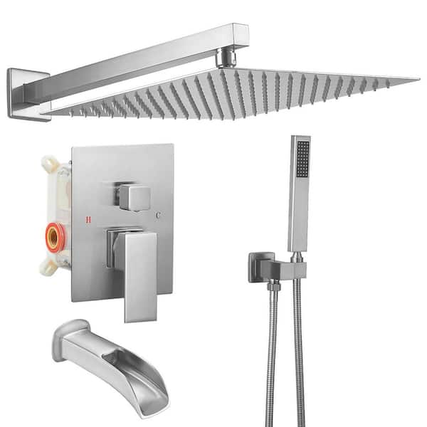 Single Handle 1-Spray Tub and Shower Faucet 1.8 GPM Brass Wall Mount Shower Sysyem Pressure Balance Valve Brushed Nickel