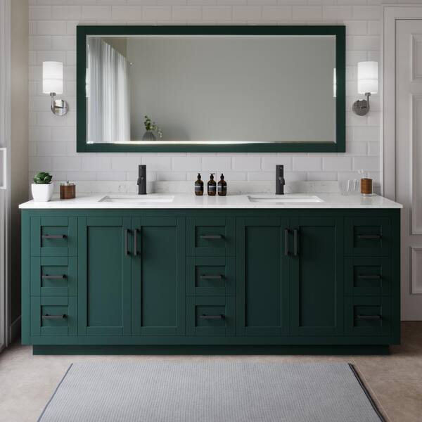 Wyndham Collection Miranda 84 in. W x 22 in. D x 33.75 in. H Double Sink Bath Vanity in Green with Carrara Cultured Marble Top and Mirror