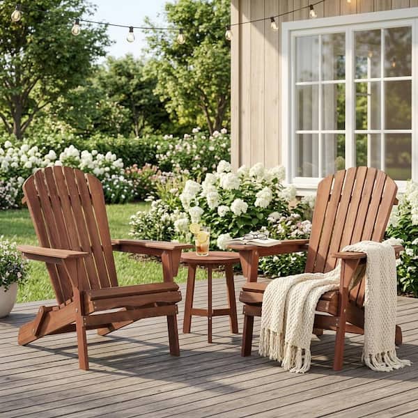 Folding Adirondack Chairs Set of 2, Solid Wood Outdoor Patio Chairs for Backyard Fire Pit Garden, Brown