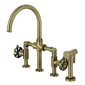 Belknap Double-Handle Deck Mount Gooseneck Bridge Kitchen Faucet with Brass Sprayer in Antique Brass