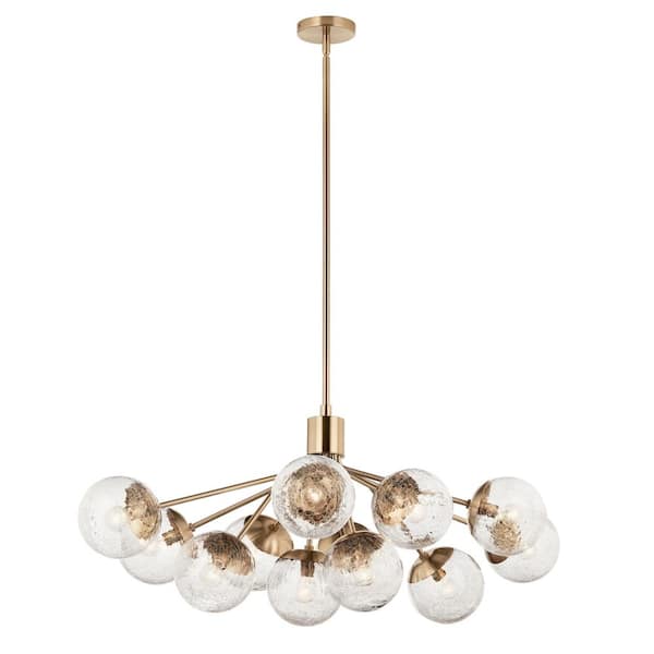 Silvarious 48 in. 12-Light Champagne Bronze Modern Crackle Glass Shaded Linear Convertible Chandelier for Dining Room