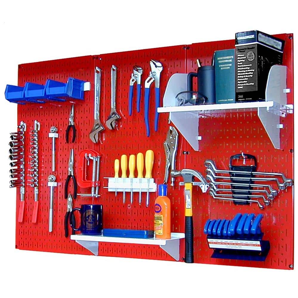 Wall Control 4ft Metal Pegboard Standard Tool Storage Kit - Red Toolboard & White Accessories