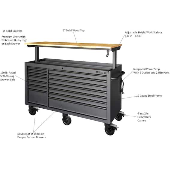 Tool Storage 62 in. W Heavy Duty Matte Black Mobile Workbench Cabinet with Adjustable Height Wood Top