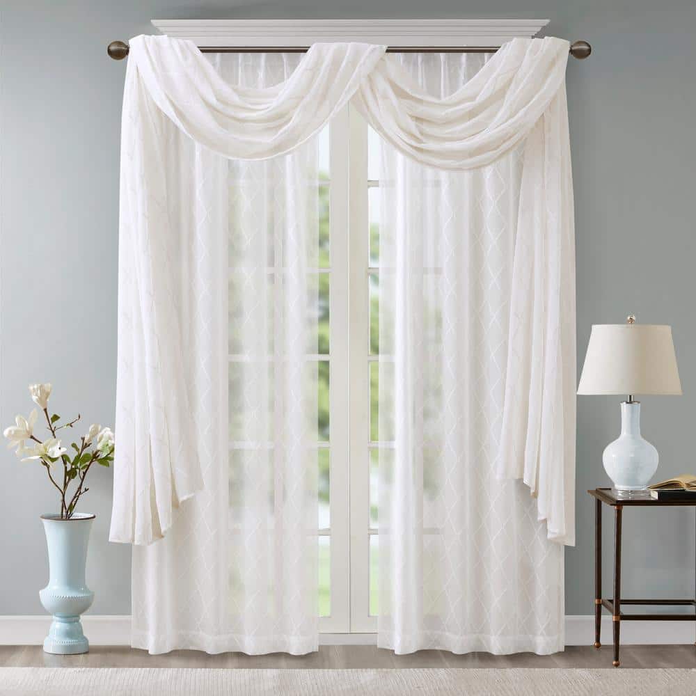 Ground Length White Sheer Embroidered Window Scarf