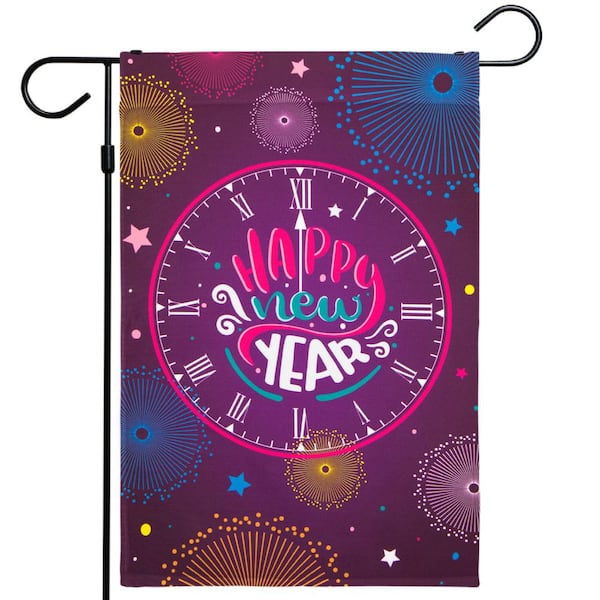 G128 1 ft. x 1.5 ft. Polyester New Year Clock Striking Midnight 2-Sided Garden Flag Printed Blockout
